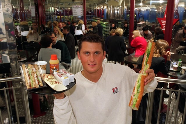 The new Pret a Manger opened on Bond Street in November 1997. Pictured is Yorkshire cricketer Darren Gough trying out sandwiches.