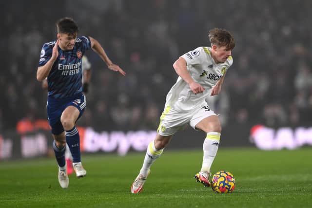 UPBEAT MESSAGE: From 19-year-old Leeds United forward Joe Gelhardt, right, pictured in December's Elland Road clash against Arsenal who are on the agenda again. Photo by Stu Forster/Getty Images.