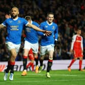 Kemar Roofe celebrates sending Rangers into the Europa League semi-final. Pic: Ian MacNicol.