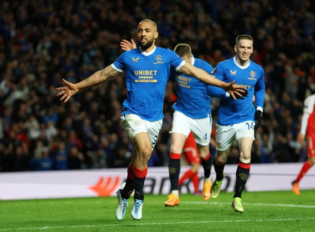 Kemar Roofe celebrates sending Rangers into the Europa League semi-final. Pic: Ian MacNicol.