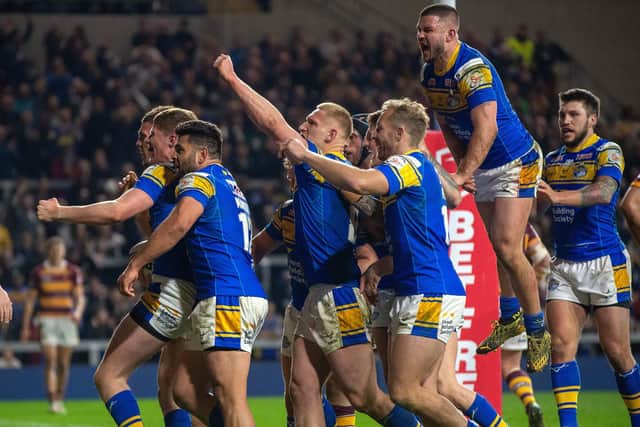 Rhinos celebrate Morgan Gannon's try which seemed to have set up a win agianst Giants. Picture by Bruce Rollinson.