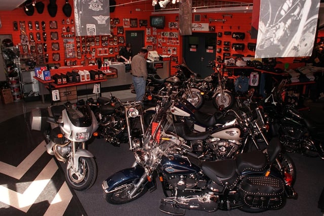 Inside Eddy Wright's Harley Davidson showroom on Kirkstall Road in May 1998.