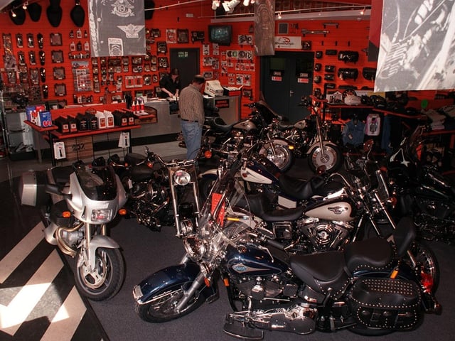 Inside Eddy Wright's Harley Davidson showroom on Kirkstall Road in May 1998.