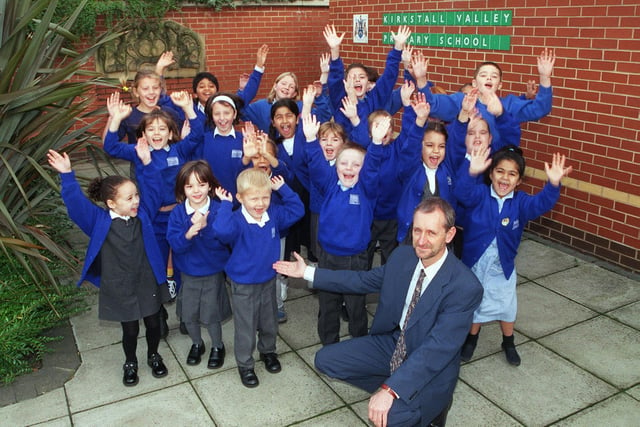 Headteacher Stuart Myers of Kirkstall Primary with some of his pupils jumping for joy in November 1999 after the school received a glowing Ofsted report.