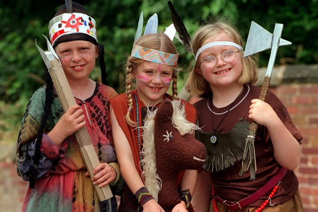 Kirkstall Festival in July 1997. Pictured are three pupils from St Stephen School, Kirkstall - Jenny Rawson, Emma Lane and Alexandra Howard - dressed as native Americans.