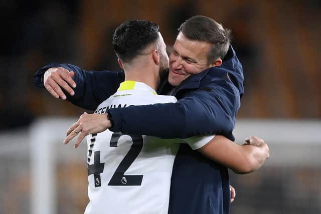 BREAKING THROUGH: Leeds United forward Sam Greenwood, left, is hugged by Whites boss Jesse Marsch after last month's epic 3-2 win at Wolves.
Photo by Laurence Griffiths/Getty Images.