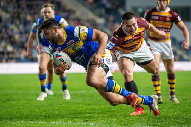 Rhyse Martin scores Leeds Rhinos' second try. Picture: Bruce Rollinson.