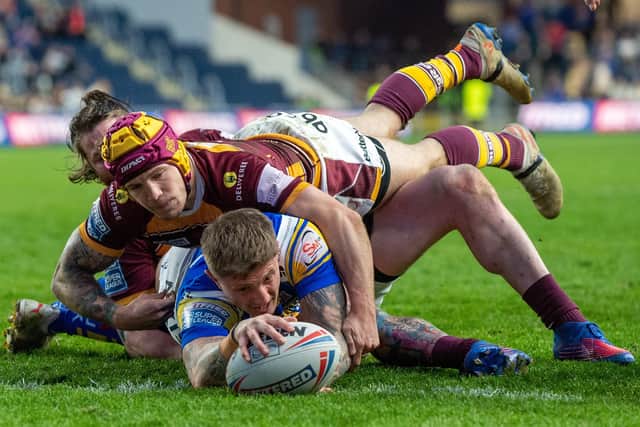 Liam Sutcliffe scores Leeds Rhinos' first try. Picture: Bruce Rollinson.