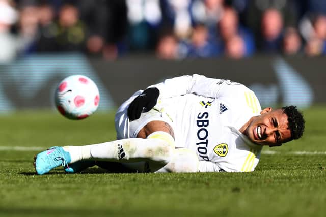Raphinha goes down injured during Leeds United's 1-1 draw with Southampton. Pic: Marc Atkins.