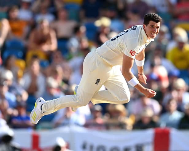 BIG MOMENT: Matthew Fisher pictured bowling in the 2nd test match against the West Indies at the Kensington Oval in March Picture: Gareth Copley/Getty Images