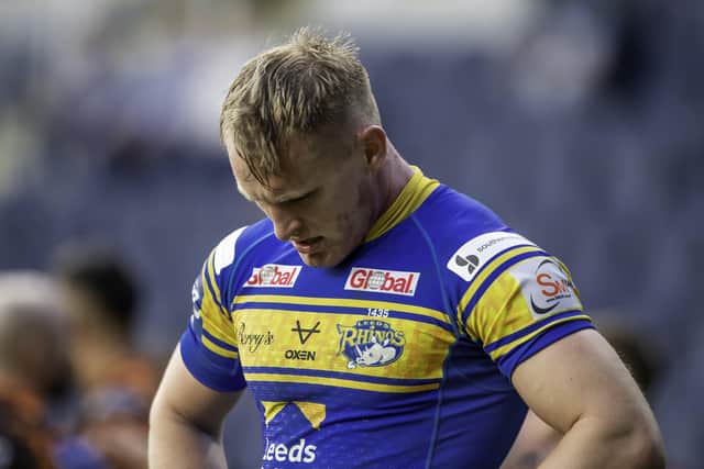 Leeds Rhinos' Brad Dwyer shows his frustration after the Cup defeat to Castleford Tigers. Picture: Allan McKenzie/SWpix.com.