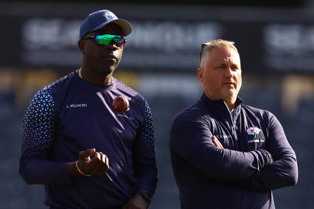 WATCHFUL EYE: Yorkshire Interim Managing Director of Cricket Darren Gough (r) and head coach Ottis Gibson (left) watch the players warm up ahead of day two against Gloucestershire in Bristol Picture: Michael Steele/Getty Images