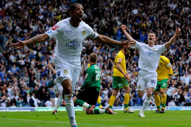 Jermaine Beckford seals automatic promotion to the Championship by scoring a winner against Bristol Rovers in May 2010. Pic: Michael Regan.