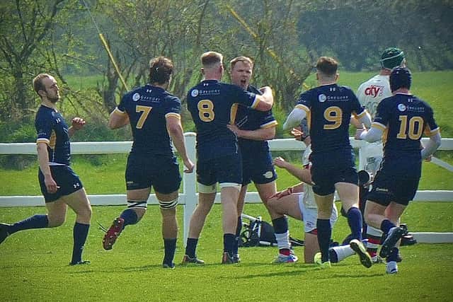 Leeds Tykes players celebrate one of their six tries against Plymouth Albion. Picture: Alfie Yates.