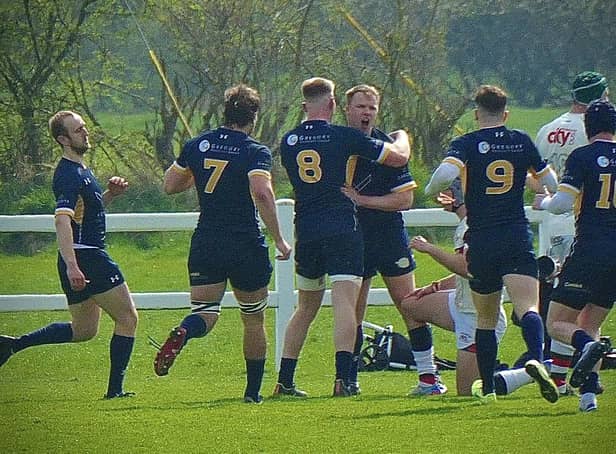 Leeds Tykes players celebrate one of their six tries against Plymouth Albion. Picture: Alfie Yates.