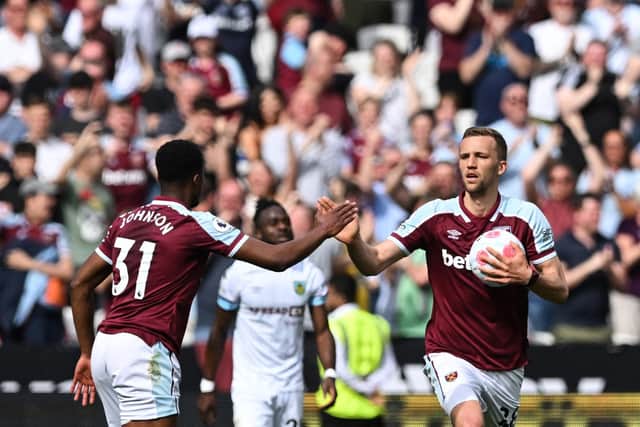 CLAWING BACK THE CLARETS: Goalscorer Tomas Soucek, right, and Ben Johnson, let, celebrate putting West Ham United level at 1-1 in Sunday's Premier League clash against Burnley at the London Stadium. Photo by JUSTIN TALLIS/AFP via Getty Images.