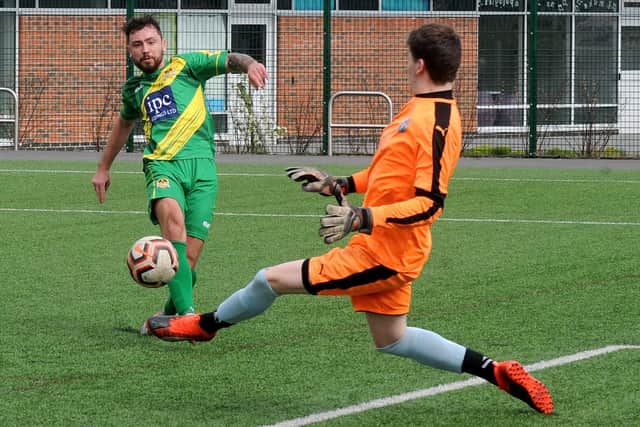 Adam Burnell scores his fourth goal on the way to eight in Middleton Reserves' 11-3 Yorkshire Amateur Division 2 win over Huddersfield Amateur. Picture: Steve Riding.