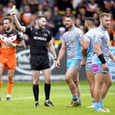 Rhinos' James Bentley is shown a yellow card by referee Liam Moore in Monday's defeat at Castleford. Picture by Danny Lawson/PA.