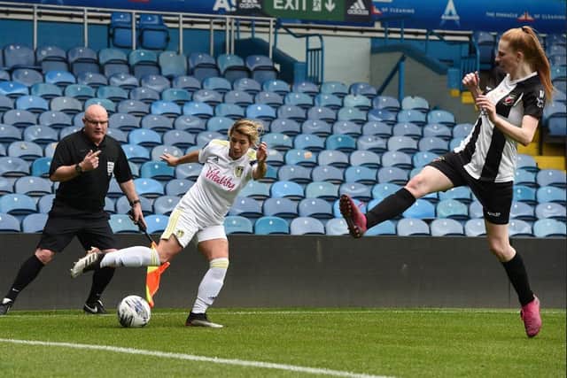 Kathryn Smith on the ball during Leeds United's 6-0 win over Alnwick Town at Elland Road. Pic: LUFC.