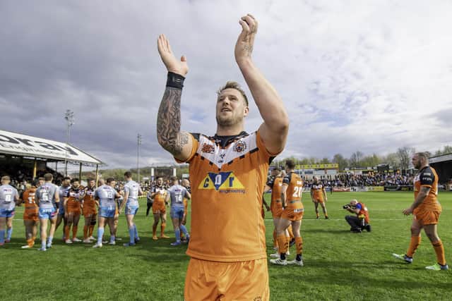 Forwrad Joe Westerman salutes the Castleford Tigers crowd after the Easter Monday win over Leeds Rhinos at The Jungle. Picture: Allan McKenzie/SWpix.com.