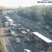 Queueing traffic on the M62 near Leeds following a crash (Photo: motorwaycameras.co.uk)
