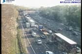 Queueing traffic on the M62 near Leeds following a crash (Photo: motorwaycameras.co.uk)