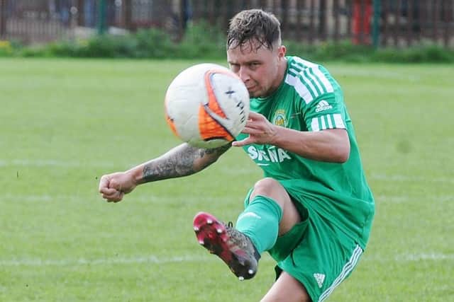 Beeston St Anthony's goalscorer Jake Topp takes a freekick in the West Yorkshire Premier win over Knaresborough Town. Picture: Steve Riding.