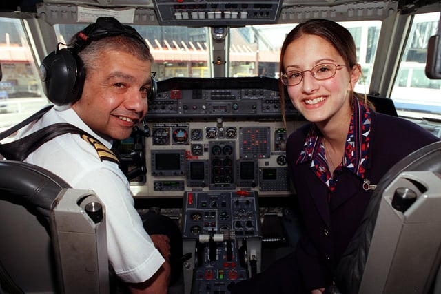 Captain Dave Gani a pilot for British Regional Airlines at the controls of a Jetstream 41 aircraft at Leeds Bradford Airport bound for Southampton. He is served by his teenage daughter who became one of the cabin crew as part of 'Take your daughter to work day' in initiative.