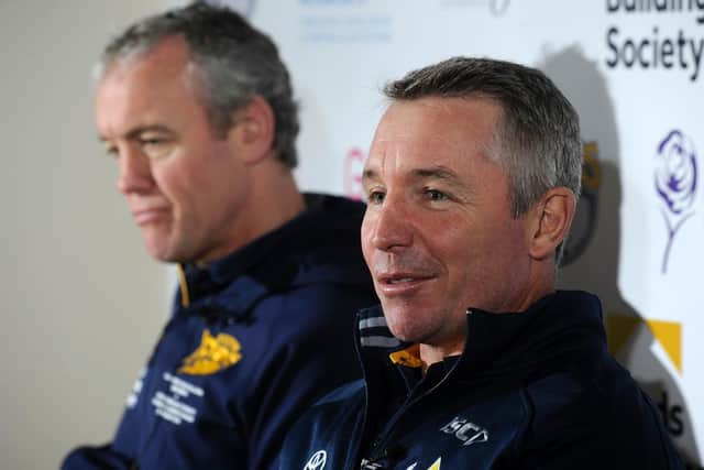 Paul Green, pictured right at a Headingley press conference before the 2016 World Cllub Challenge, is the latest coach linked with Leeds Rhinos. Picture by Bruce Rollinson.