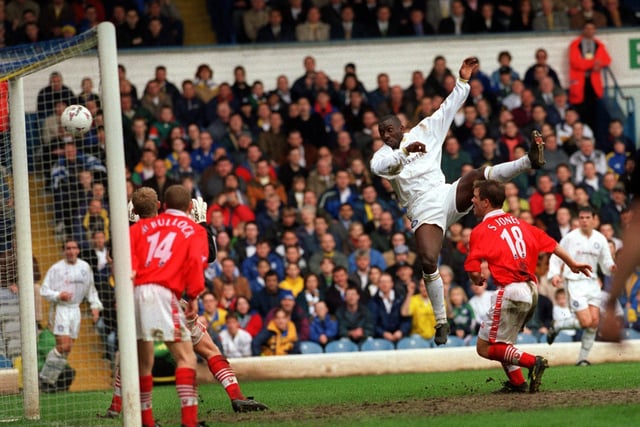 A fantastic photo caught on camera by snapper Bruce Rollinson as Jimmy Floyd Hasselbaink puts Leeds United ahead.