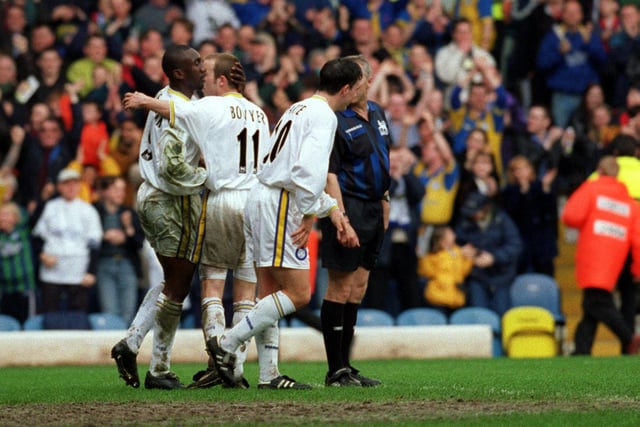 Jimmy Floyd Hasselbaink celebrates his goal with Lee Bowyer and Ian Harte.