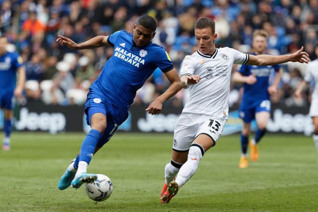 Cody Drameh on the ball during Cardiff City's Championship match against Swansea City. Pic: Athena Pictures.