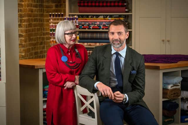 Pictured: Esme Young, Patrick Grant, hosts from The Great British Sewing Bee.