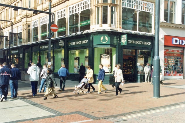 Briggate towards the junction with Albion Place showing The Body Shop.