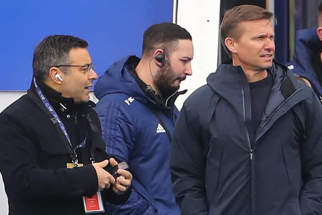 Leeds United head coach Jesse Marsch (R) looks on beside club chairman Andrea Radrizzani (L)
