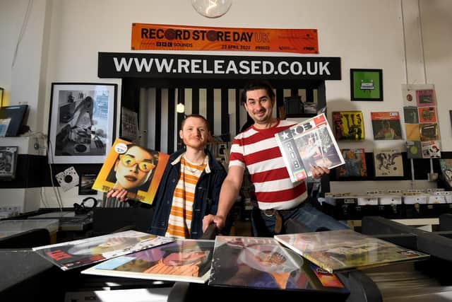 Record Store Day promotion at Released Records, Corn Exchange, Leeds. Mark Crossley (right) and Sam Jefferies pictured in the store. Picture by Simon Hulme