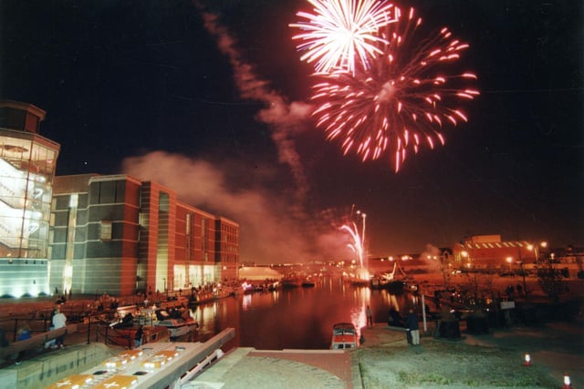 Clarence Dock by night, showing the Royal Armouries Museum on the left, taken during the Waterfront Festival of 1998.