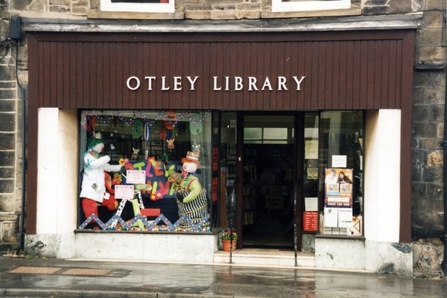 Otley Branch Library on Boroughgate in June 1998. A window display for Otley Carnival can be seen. This library was closed down at the end of 2005 and a new purpose built library was opened on Nelson Street in January 2006.