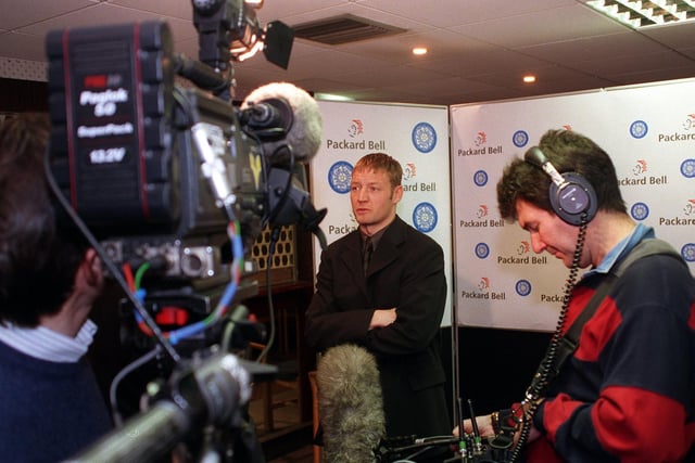 New signing David Batty, is interviewed by local television during a press conference to announce his return to Leeds United in December 1998.
