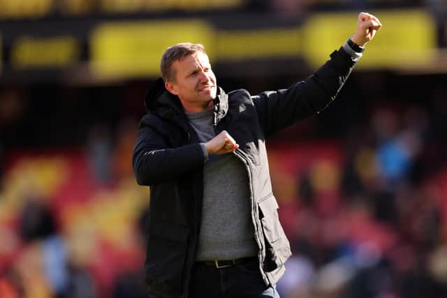 APPRECIATION: For Leeds United's fans from Whites head coach Jesse Marsch, pictured giving a Leeds salute after the 3-0 win against Watford at Vicarage Road.
Photo by Alex Morton/Getty Images.