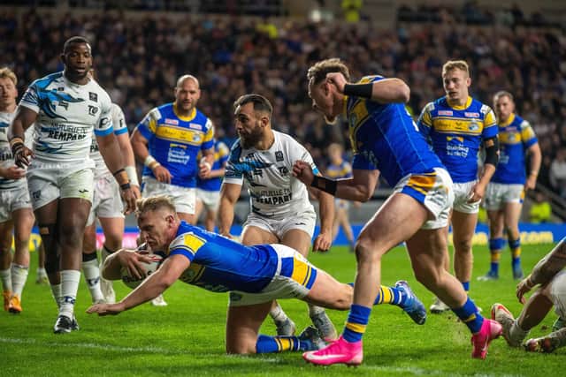 Double bubble: Brad Dwyer scored two tries for Rhinos against Toulouse. Picture Bruce Rollinson