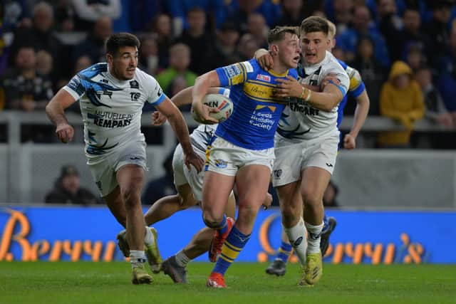 On the ball: Jack Broadbent drives forward in attack for Rhinos. Picture: Bruce Rollinson