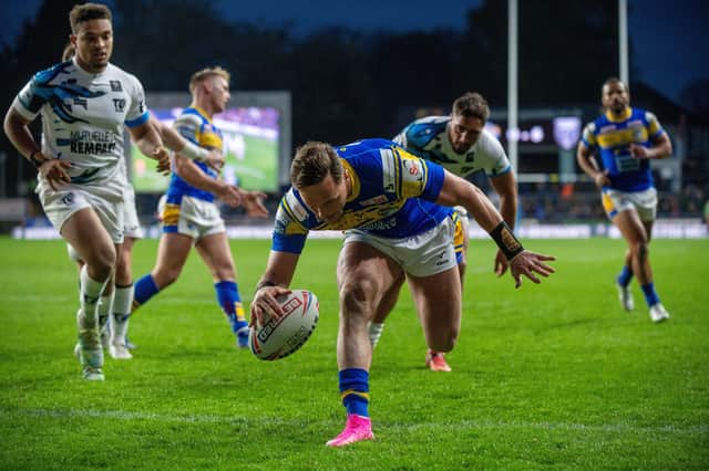 Off we go: James Donaldson scores the Rhinos' first try.
Picture: Bruce Rollinson