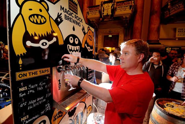 Leeds International Beer Festival held at Leeds Town Hall. Pictured Mike Wallis, pulling a pint of Salty Kiss on the Magic Rock stand. Photo: James Hardisty