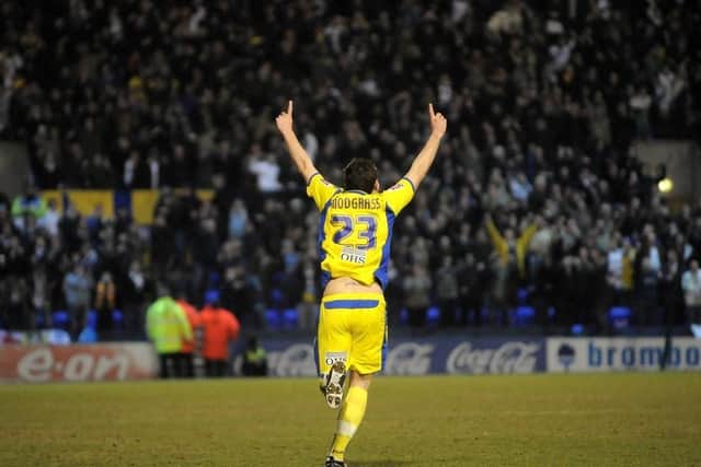 Robert Snodgrass turns and celebrates scoring against Tranmere Rovers at Prenton Park in March 2010. PIC: James Hardisty