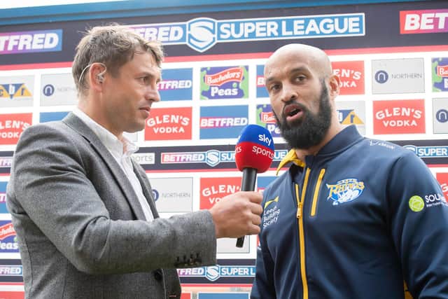 Leeds Rhinos interim coach Jamie Jones-Buchanan is interviewed by John Wilkin. Picture: Allan McKenzie/SWpix.com.