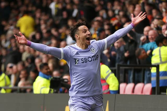 Rodrigo celebrates scoring against Watford last time out. Picture: Alex Morton/Getty Images.