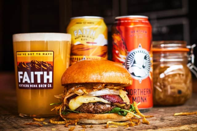 The Northern Monk burger is made of Honest beef, bacon and Heathen Hazy IPA beer cheese