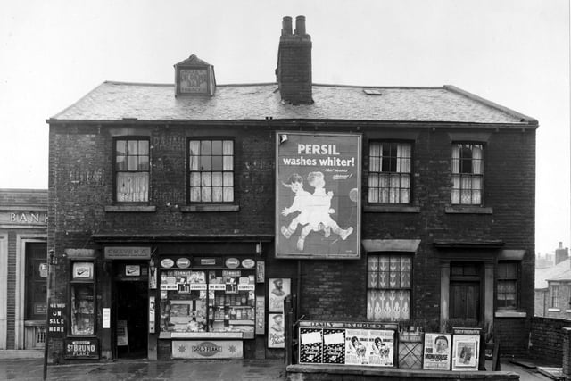 Burley Road in March 1956.  The main focus of the photos is a newsagents with  Leeds, Skyrack and Morley Savings Bank on the left.