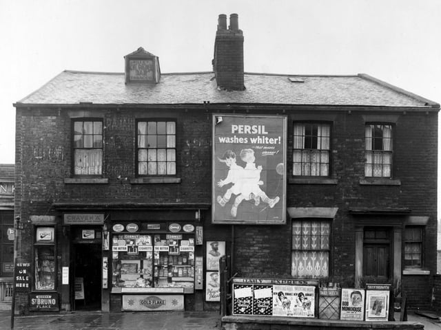 Burley Road in March 1956.  The main focus of the photos is a newsagents with  Leeds, Skyrack and Morley Savings Bank on the left.